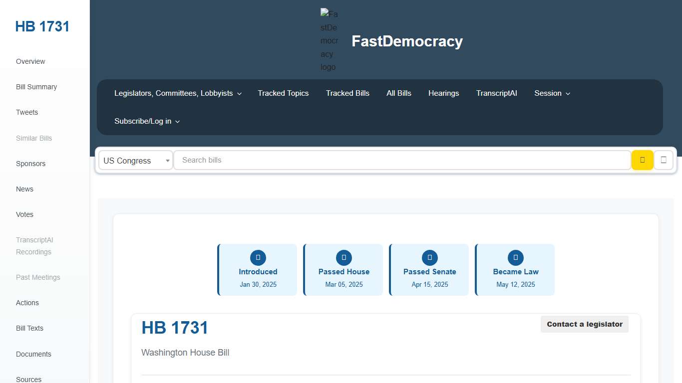 Bill tracking in Washington - HB 1731 (2025-2026 legislative session) - FastDemocracy