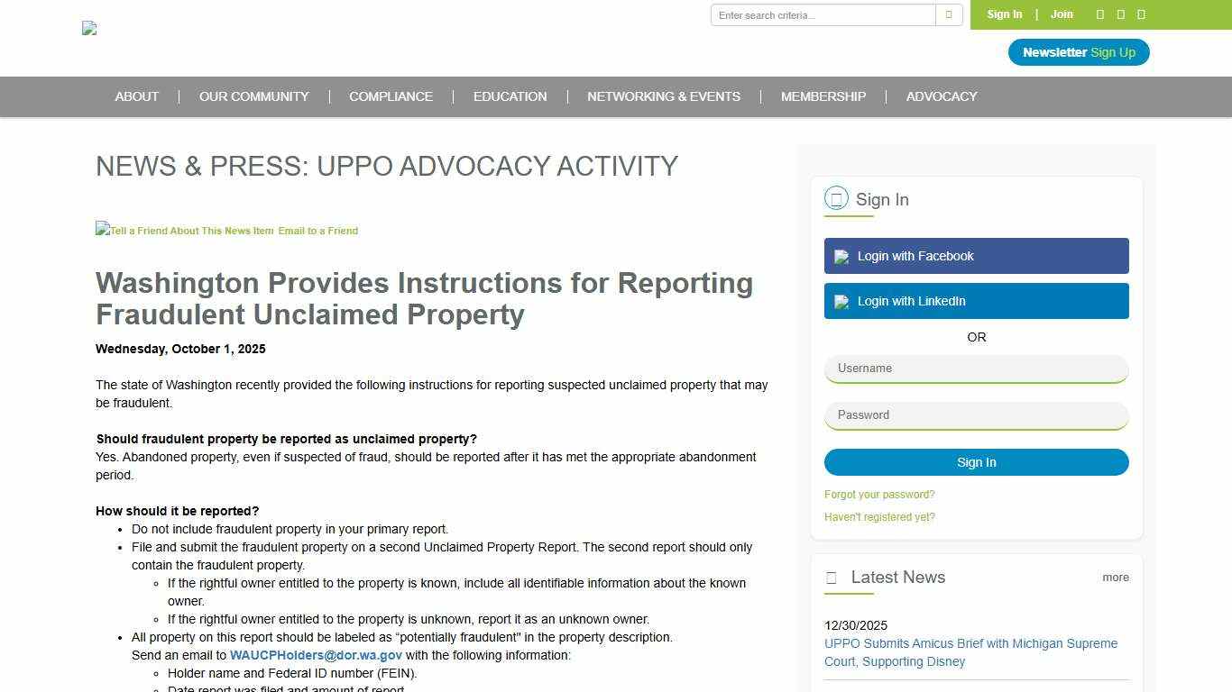 Washington Provides Instructions for Reporting Fraudulent Unclaimed Property - Unclaimed Property Professionals Organization